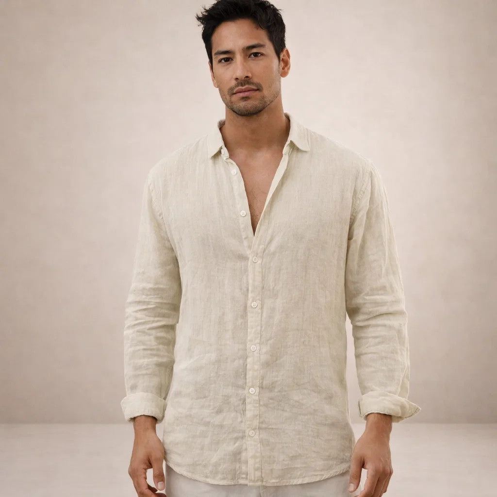 Camicia Uomo in Lino a Maniche Lunghe | Camicia Casual Regular Fit con Collo Aperto | Tessuto Leggero e Traspirante Estivo