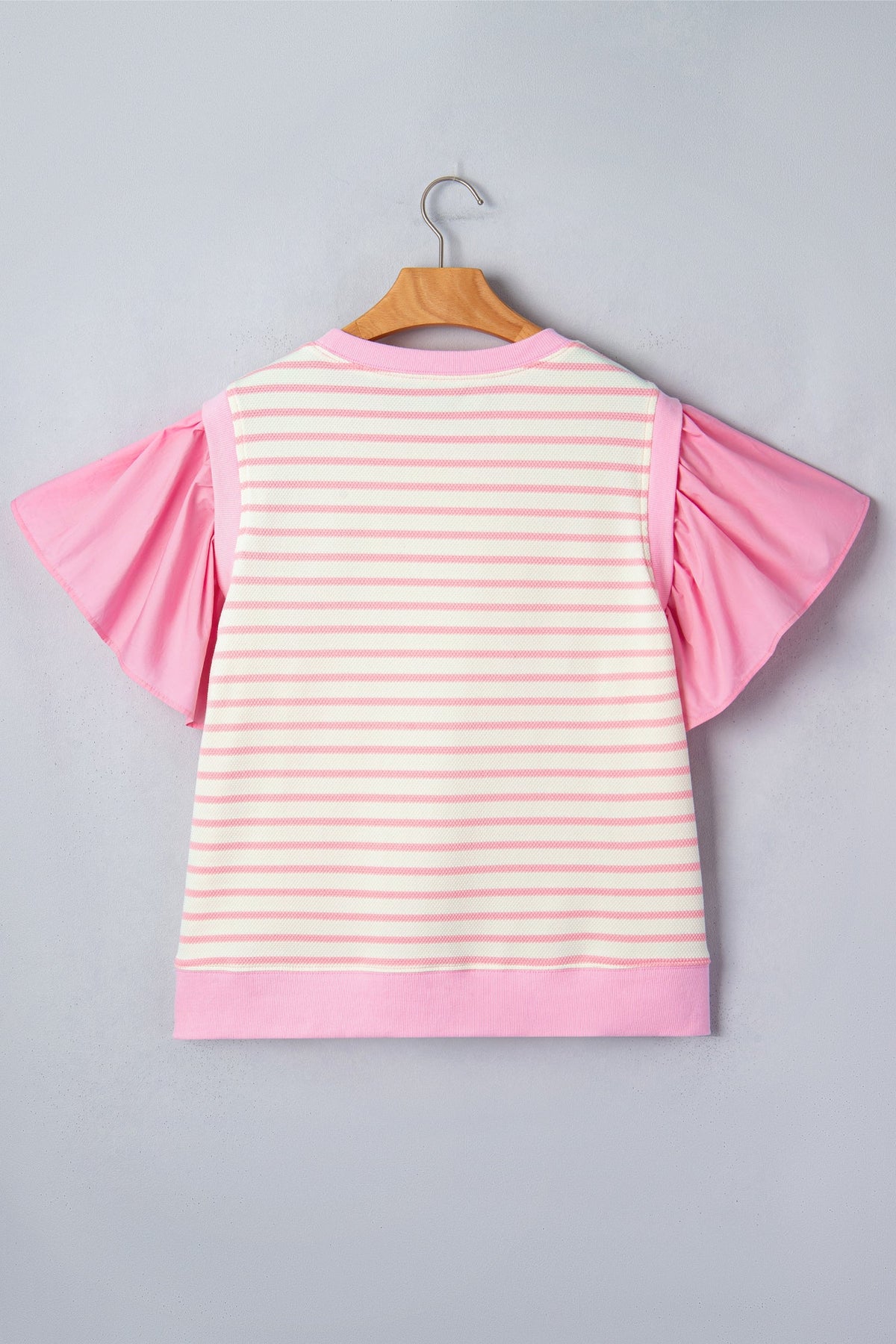 Blusa a Righe Rosa con Maniche Corte a Volant e Patchwork