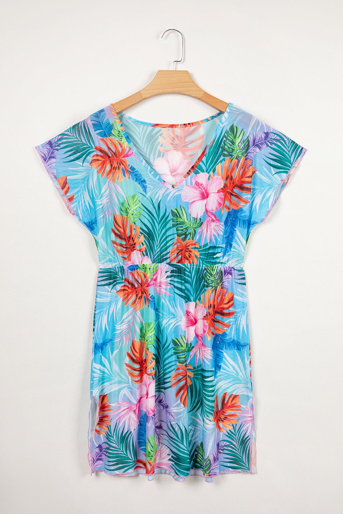 Vestito Copricostume da Spiaggia Semitrasparente con Scollo a V e Stampa Tropicale Celeste