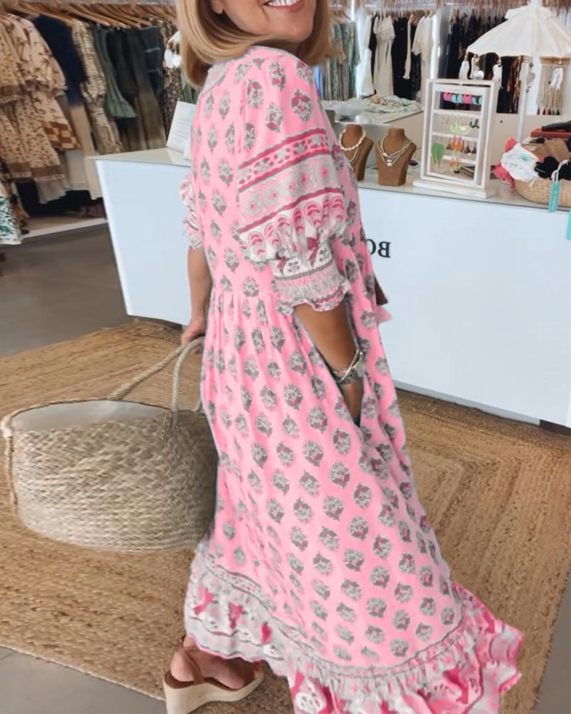 Abito da Donna – Abito Stampato con Scollo a V, Maniche a Tre Quarti e Vestibilità Comoda