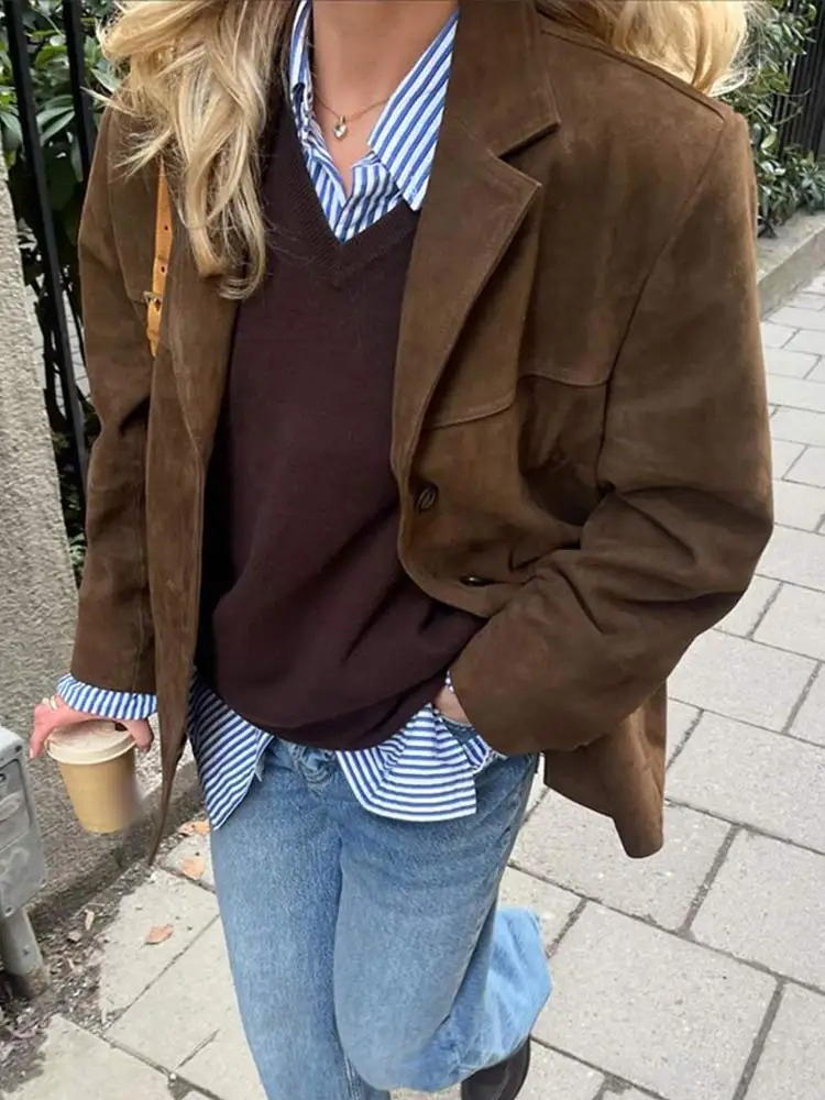Giacca Blazer Oversize Elegante in Pelle Scamosciata