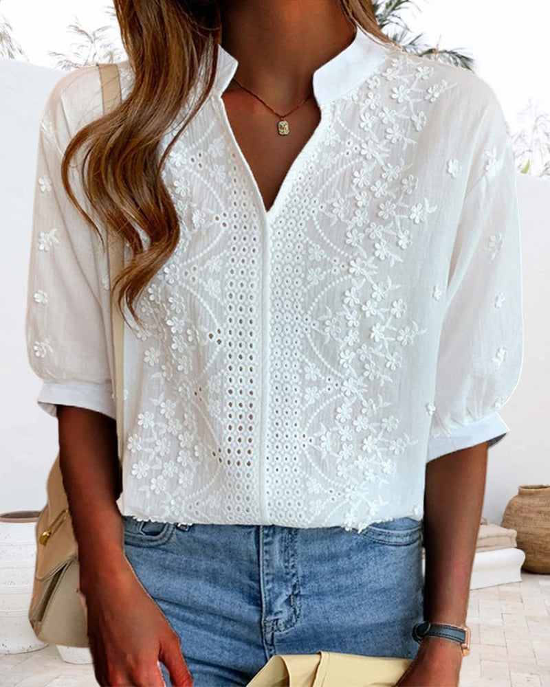 Blusa da Donna – Top con Scollo a V e Maniche a Sbuffo, Misto Cotone e Dettagli Patchwork