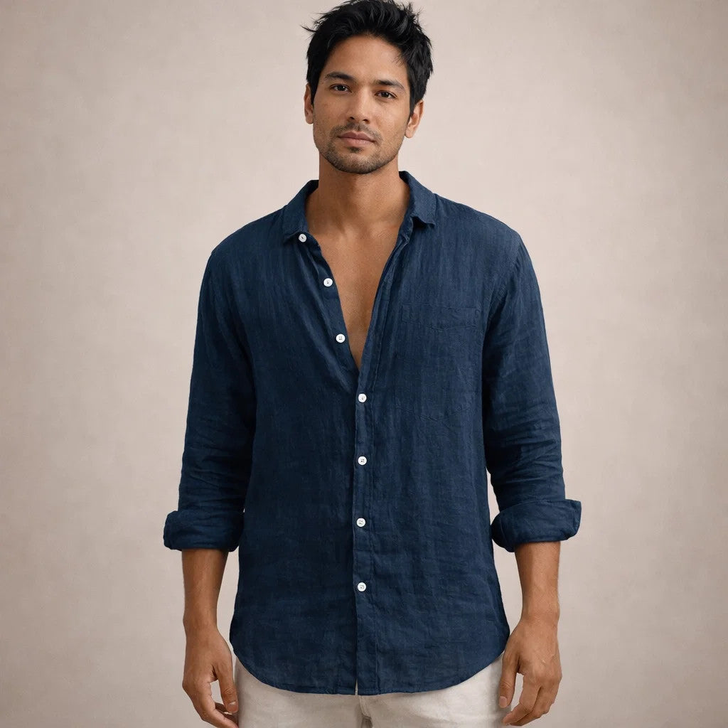 Camicia Uomo in Lino a Maniche Lunghe | Camicia Casual Regular Fit con Collo Aperto | Tessuto Leggero e Traspirante Estivo