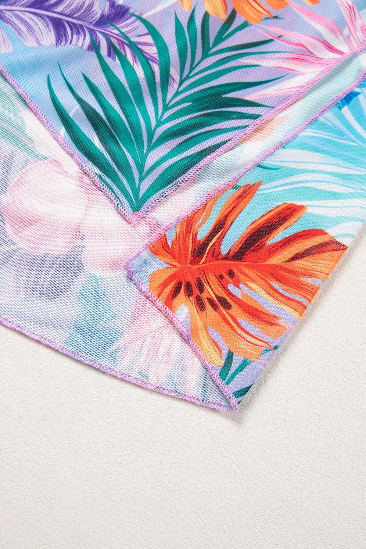 Vestito Copricostume da Spiaggia Semitrasparente con Scollo a V e Stampa Tropicale Celeste