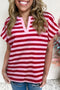 T-shirt Casual a Righe Rosa con Scollo a V