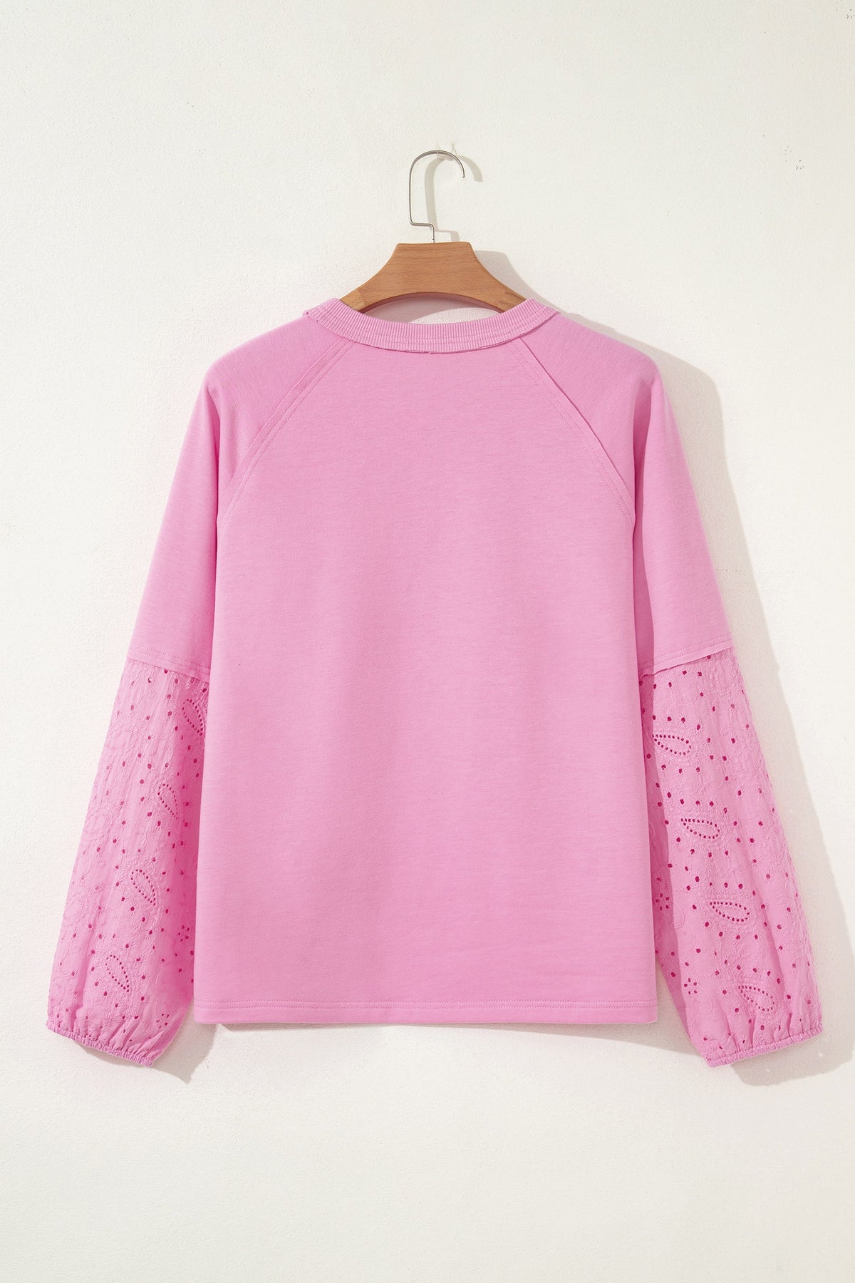 Top Patchwork Rosa con Motivo Paisley, Cuori di San Valentino e Ricamo Inglese a Maniche Lunghe