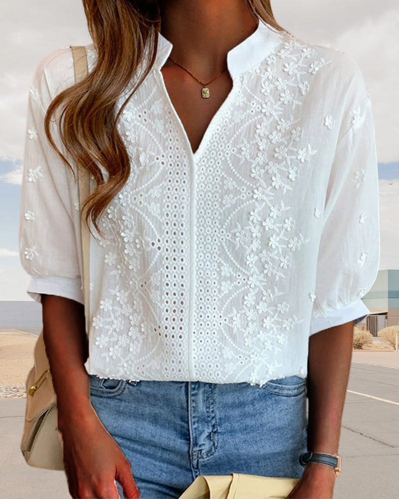 Blusa da Donna – Top con Scollo a V e Maniche a Sbuffo, Misto Cotone e Dettagli Patchwork