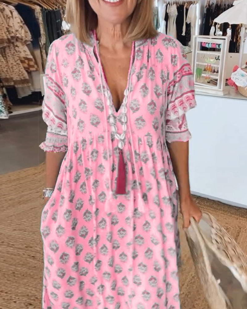 Abito da Donna – Abito Stampato con Scollo a V, Maniche a Tre Quarti e Vestibilità Comoda