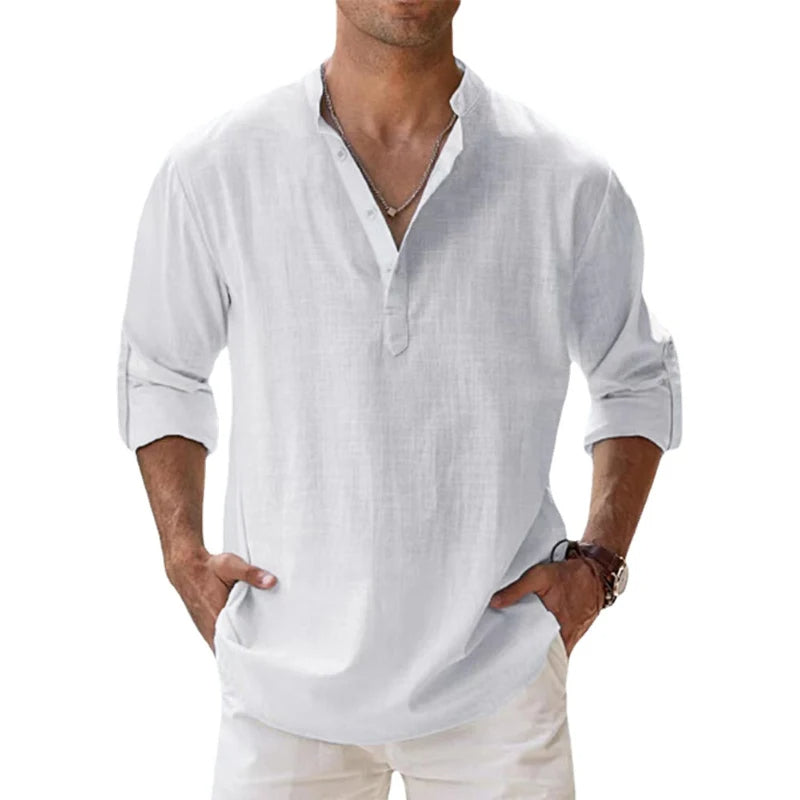 Camicia Henley in Lino da Uomo Vestibilità Comoda