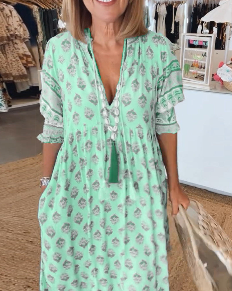 Abito da Donna – Abito Stampato con Scollo a V, Maniche a Tre Quarti e Vestibilità Comoda