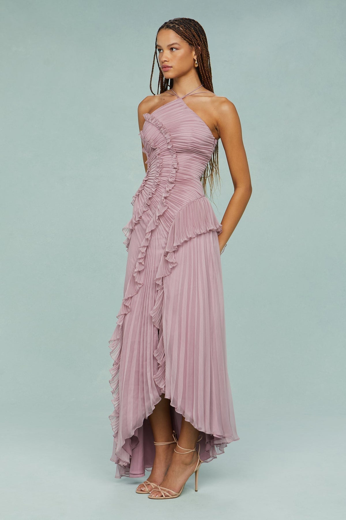 Lucía | Vestito Maxi Donna Volant Plissé Asimmetrico