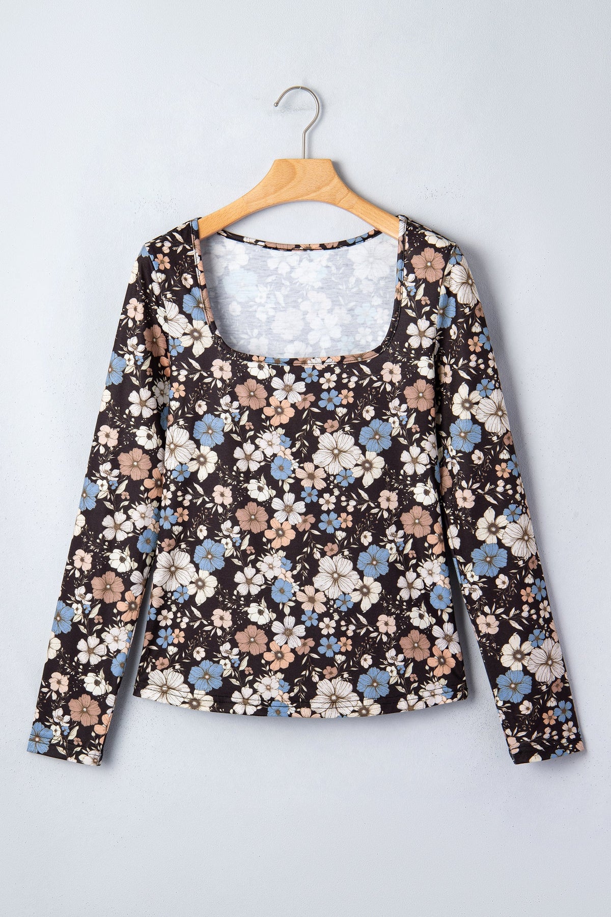 T-shirt Slim a Maniche Lunghe con Stampa Floreale Nera