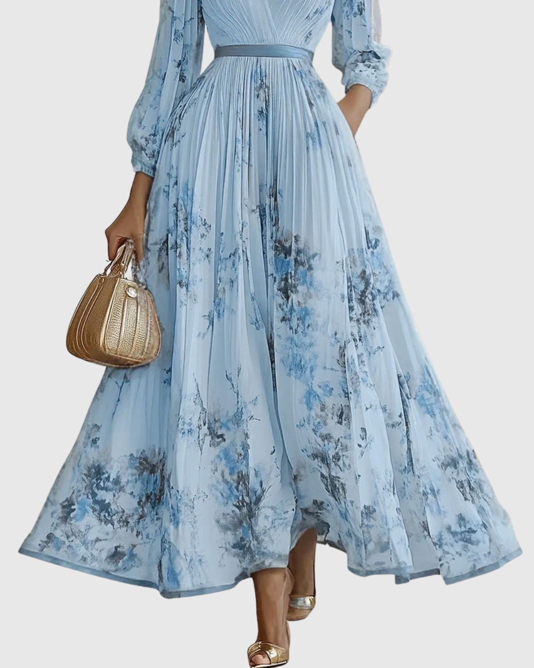 Abito Maxi Plissettato da Donna con Maniche Lunghe – Scollo a V Floreale a Linea A