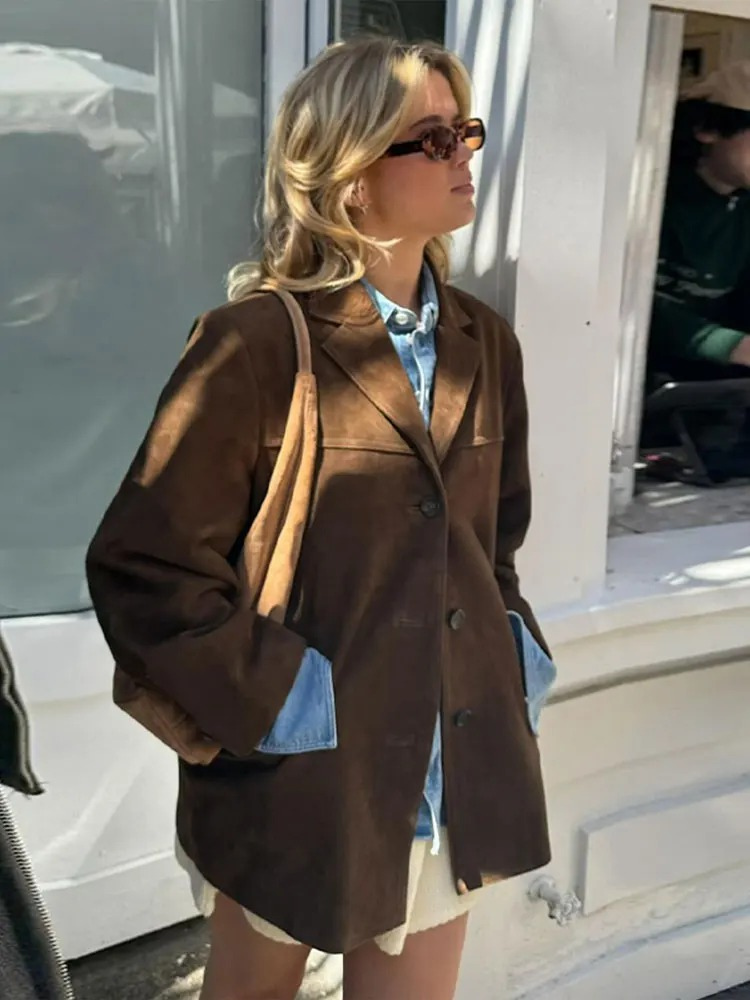 Giacca Blazer Oversize Elegante in Camoscio Marrone da Donna – Comfort
