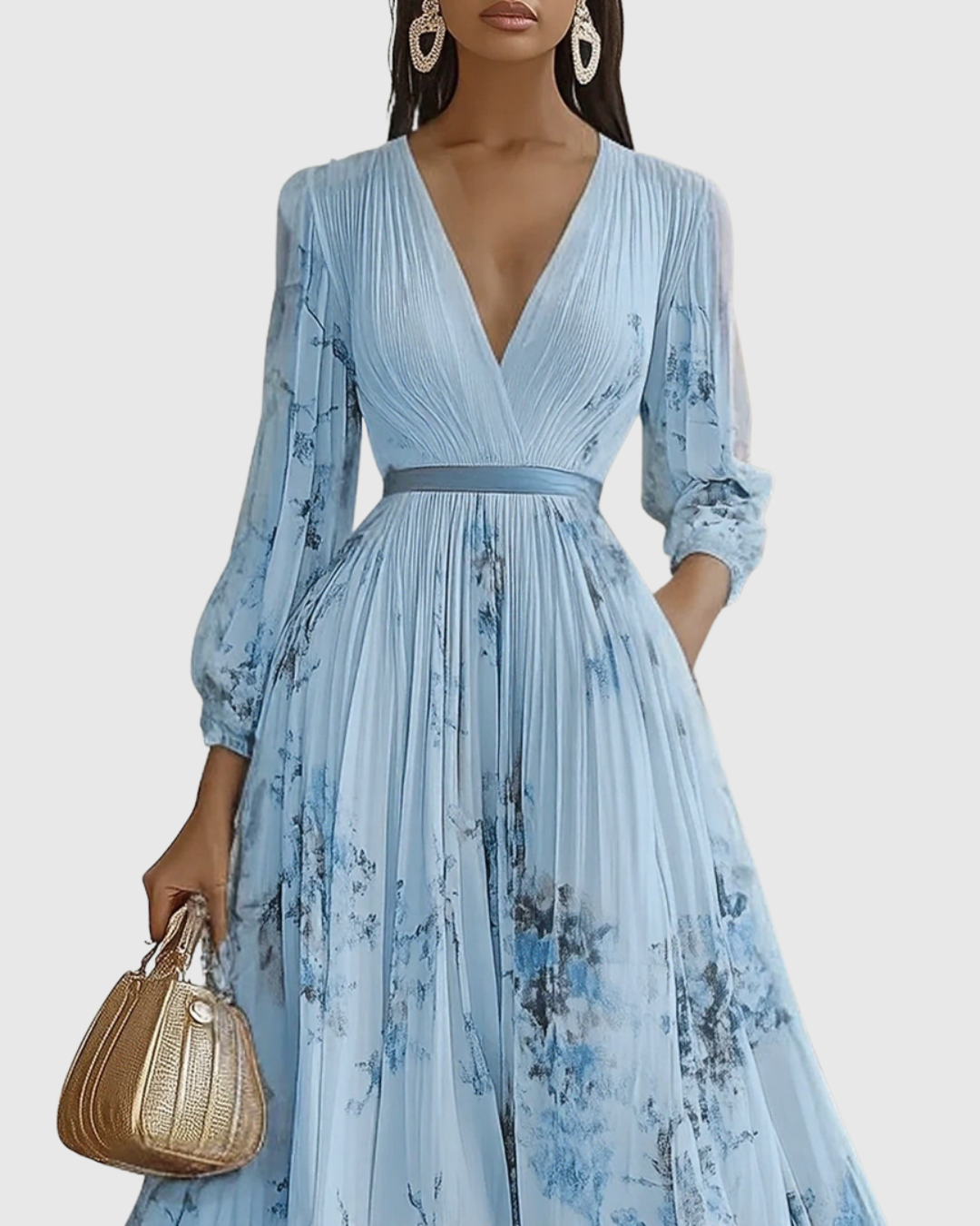 Abito Maxi Plissettato da Donna con Maniche Lunghe – Scollo a V Floreale a Linea A