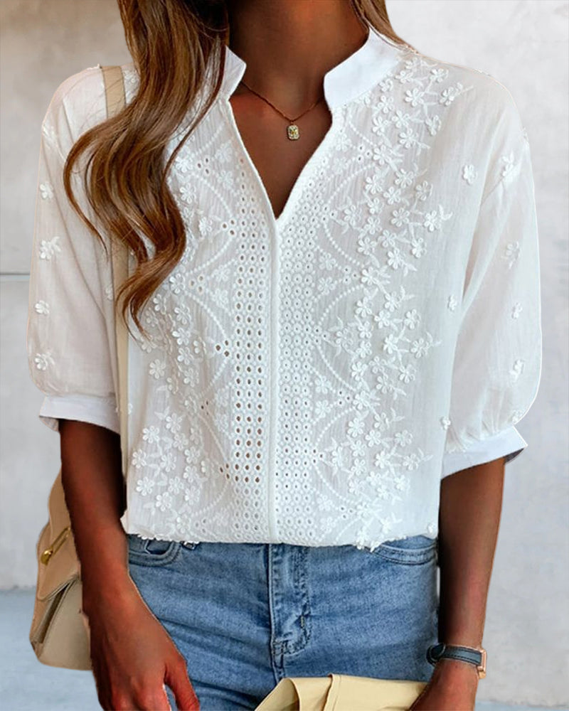 Blusa da Donna – Top con Scollo a V e Maniche a Sbuffo, Misto Cotone e Dettagli Patchwork