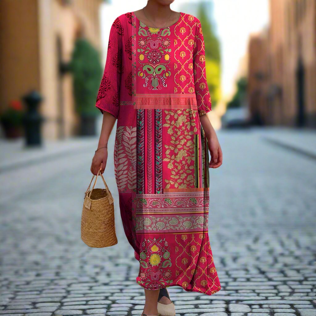 Abito Maxi da Donna Daniella – Stampa Bohémien Etnica Rossa, Cotone Leggero e Fluido