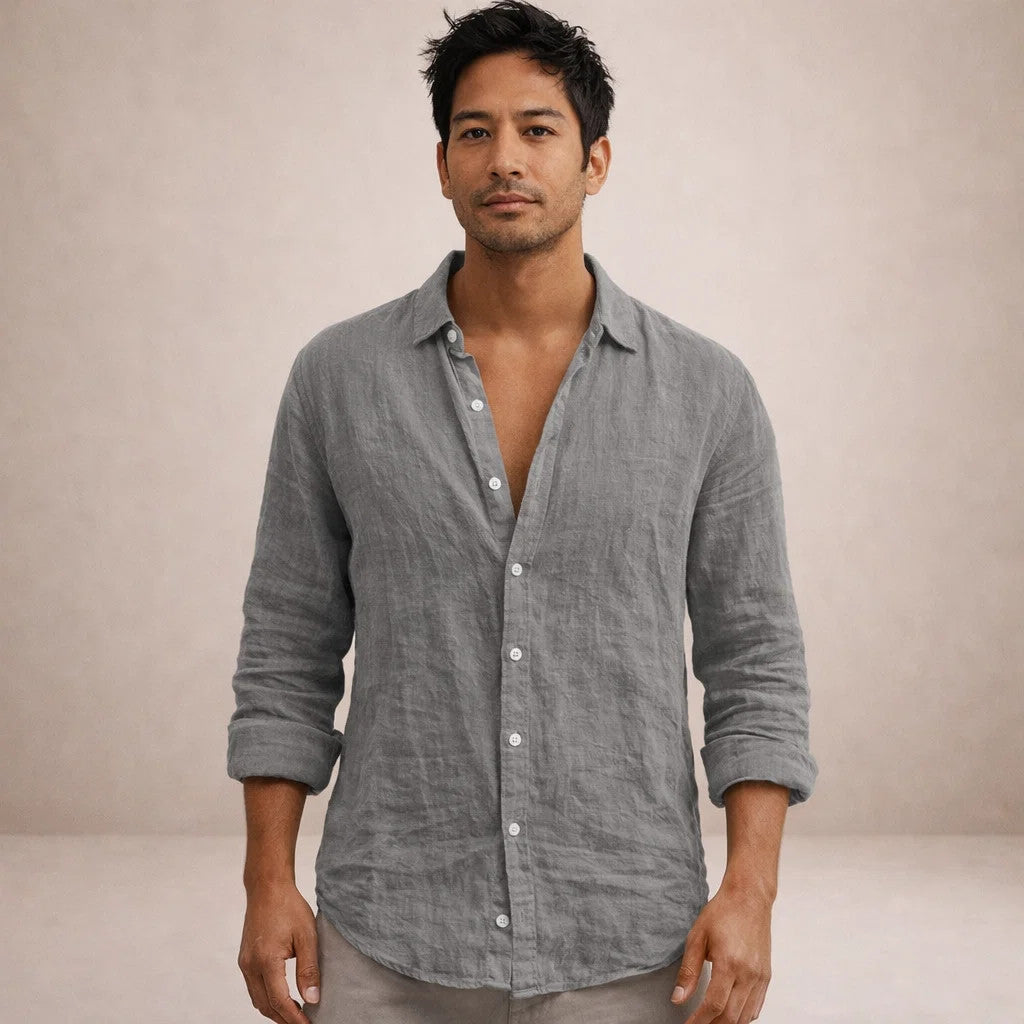 Camicia Uomo in Lino a Maniche Lunghe | Camicia Casual Regular Fit con Collo Aperto | Tessuto Leggero e Traspirante Estivo