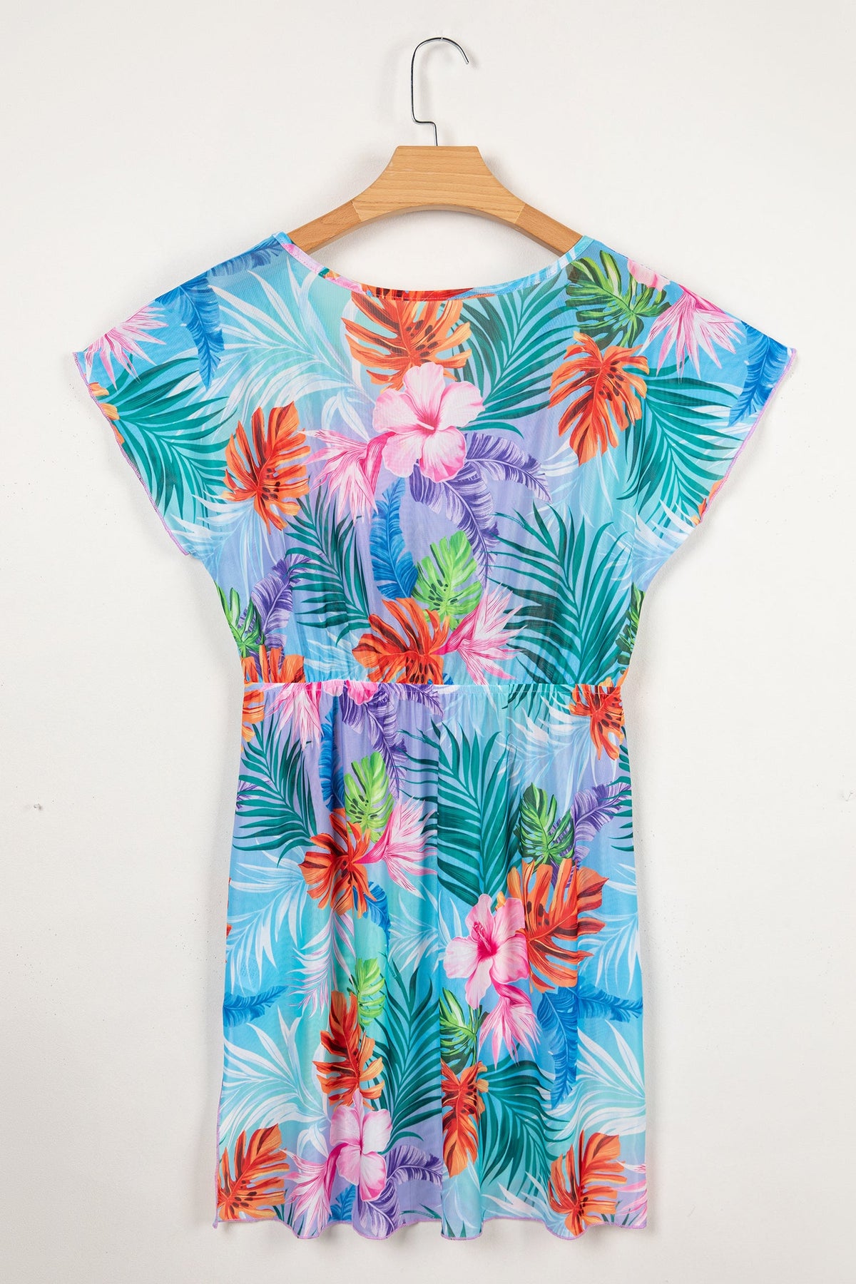 Vestito Copricostume da Spiaggia Semitrasparente con Scollo a V e Stampa Tropicale Celeste