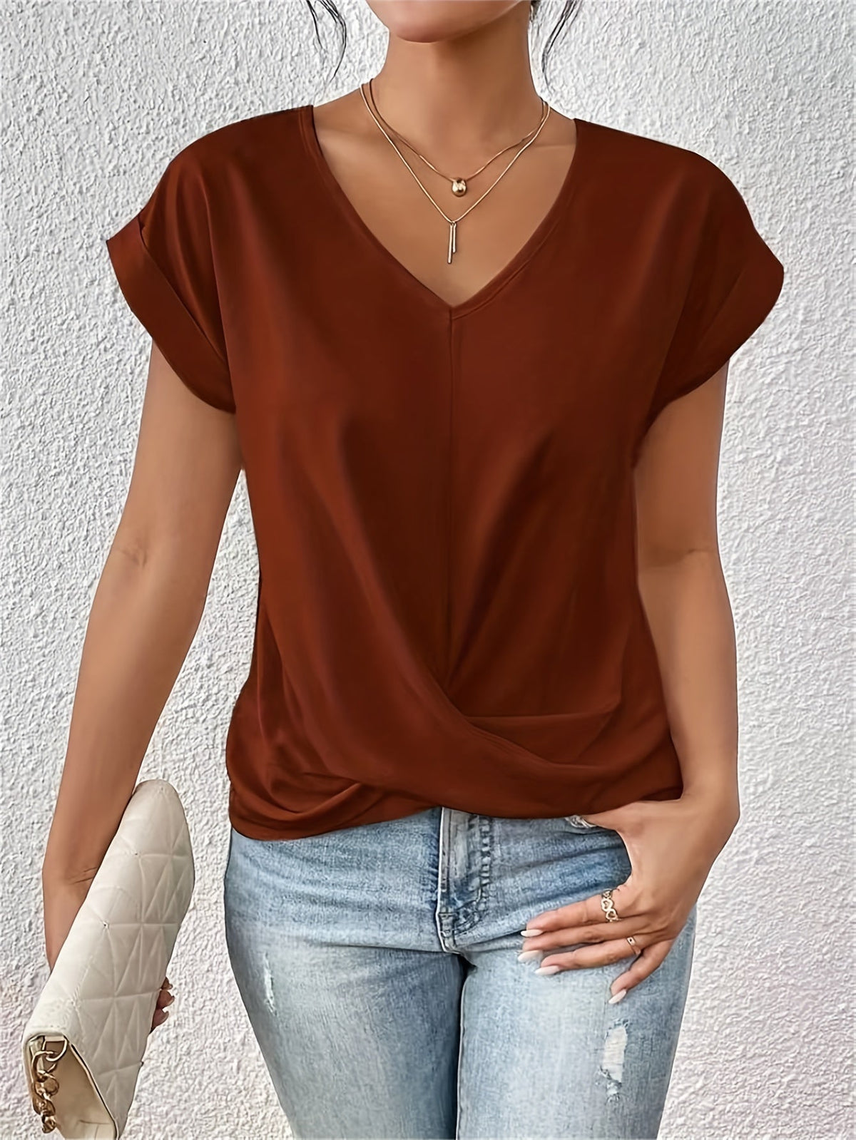 Top Donna – Scollo a V con Dettaglio Nodo, Drappeggio Elegante e Vestibilità Comoda