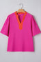 Top a Maniche Corte Ampie con Scollo a V Color Block Rosso Rosa