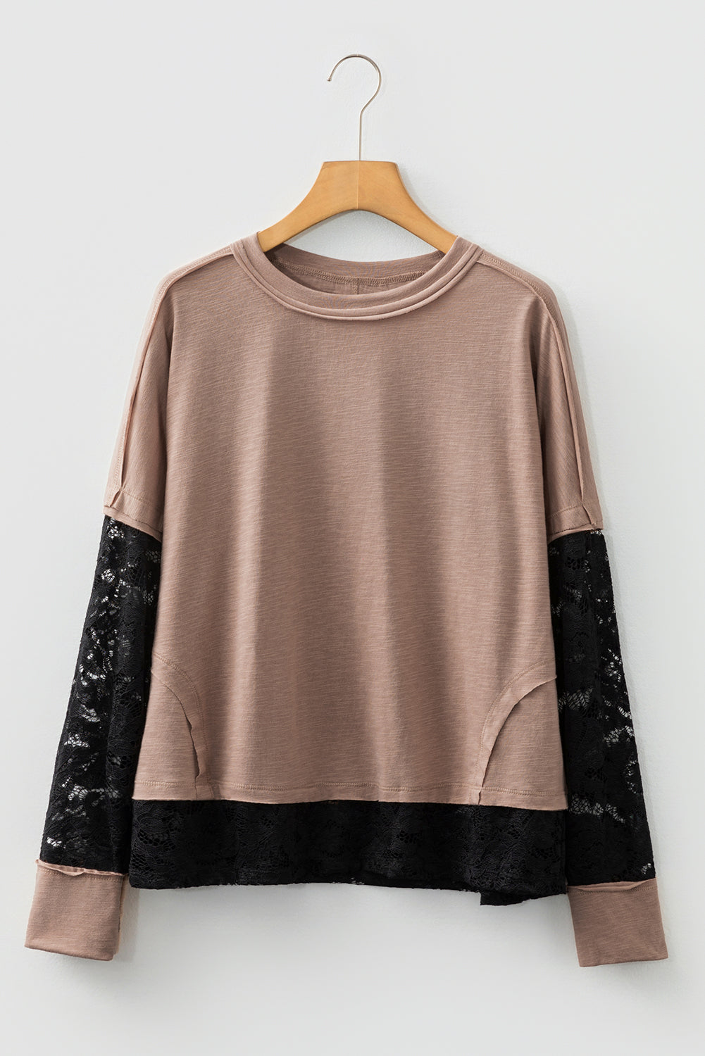 T-shirt casual a maniche lunghe con inserti in pizzo trasparente