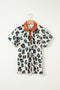 Blusa Casual a Maniche Corte con Stampa Leopardata e Colletto a Contrasto
