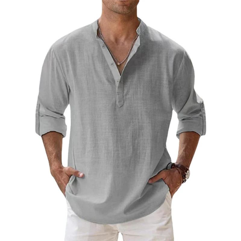 Camicia Henley in Lino da Uomo Vestibilità Comoda Top Estivo con Bottoni