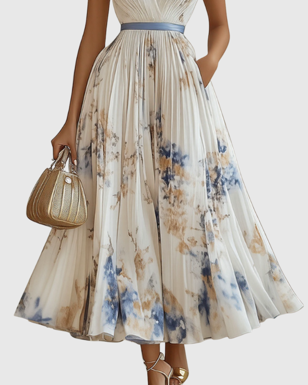 Abito Maxi Plissettato da Donna con Maniche Lunghe – Scollo a V Floreale a Linea A