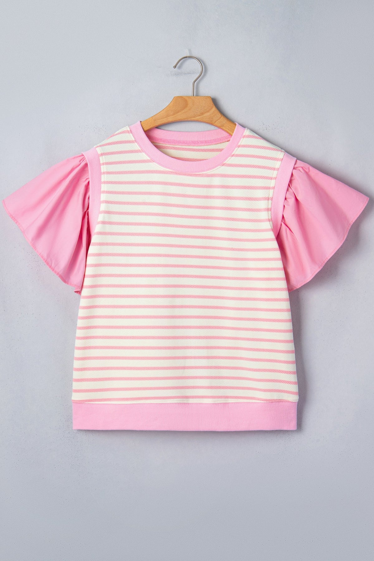 Blusa a Righe Rosa con Maniche Corte a Volant e Patchwork