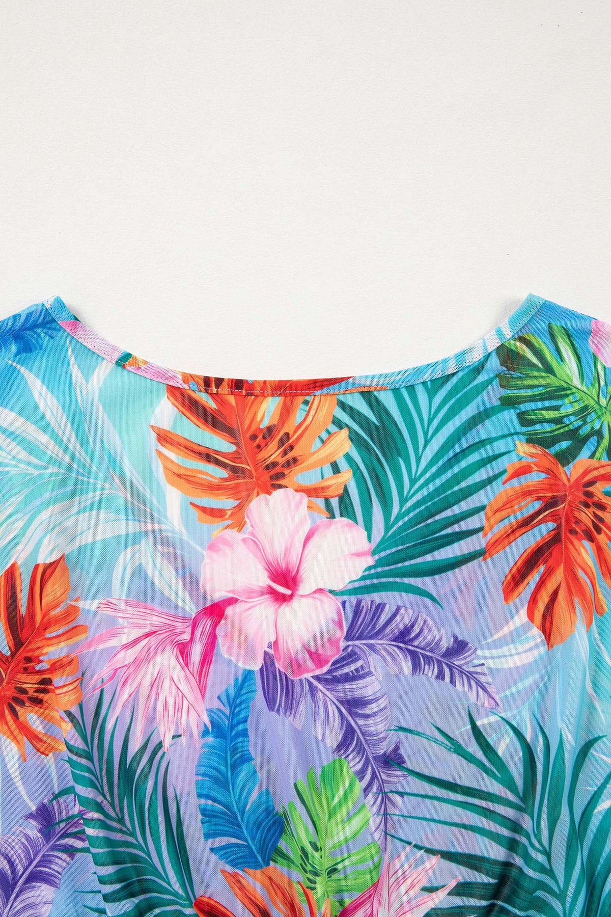 Vestito Copricostume da Spiaggia Semitrasparente con Scollo a V e Stampa Tropicale Celeste