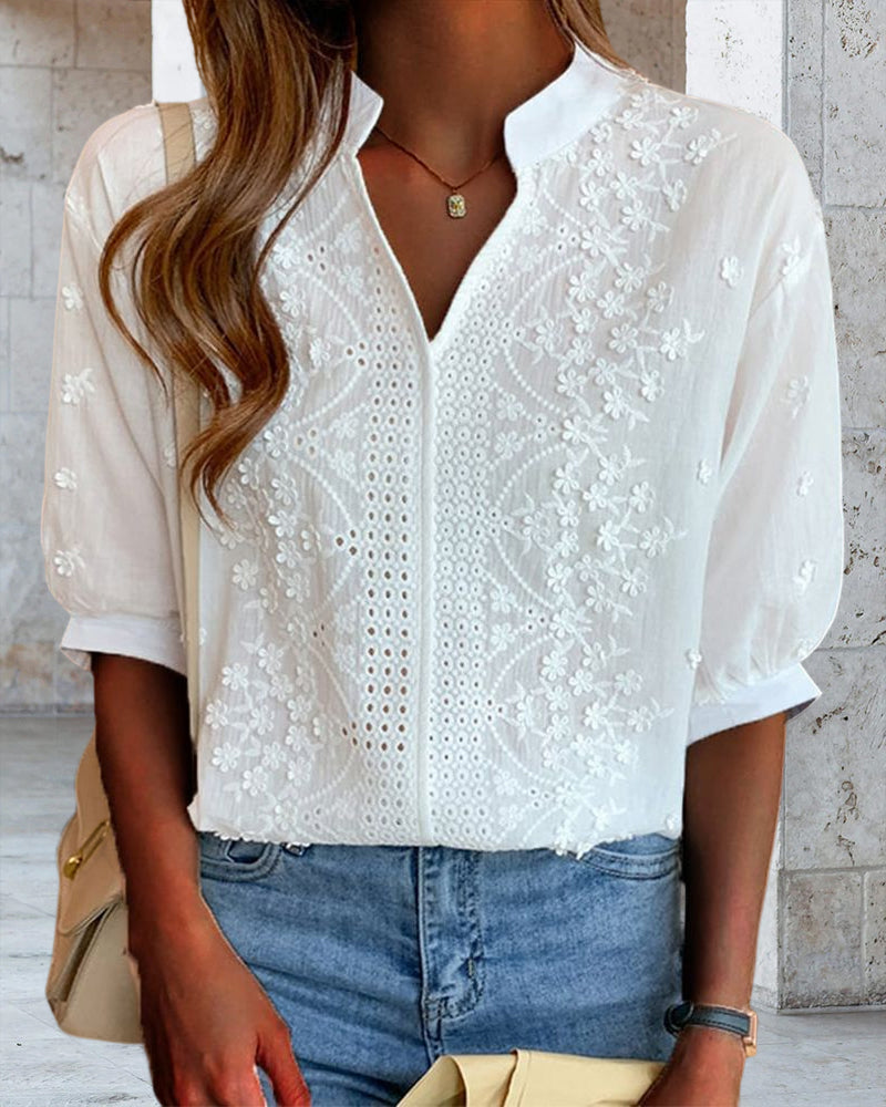 Blusa da Donna – Top con Scollo a V e Maniche a Sbuffo, Misto Cotone e Dettagli Patchwork