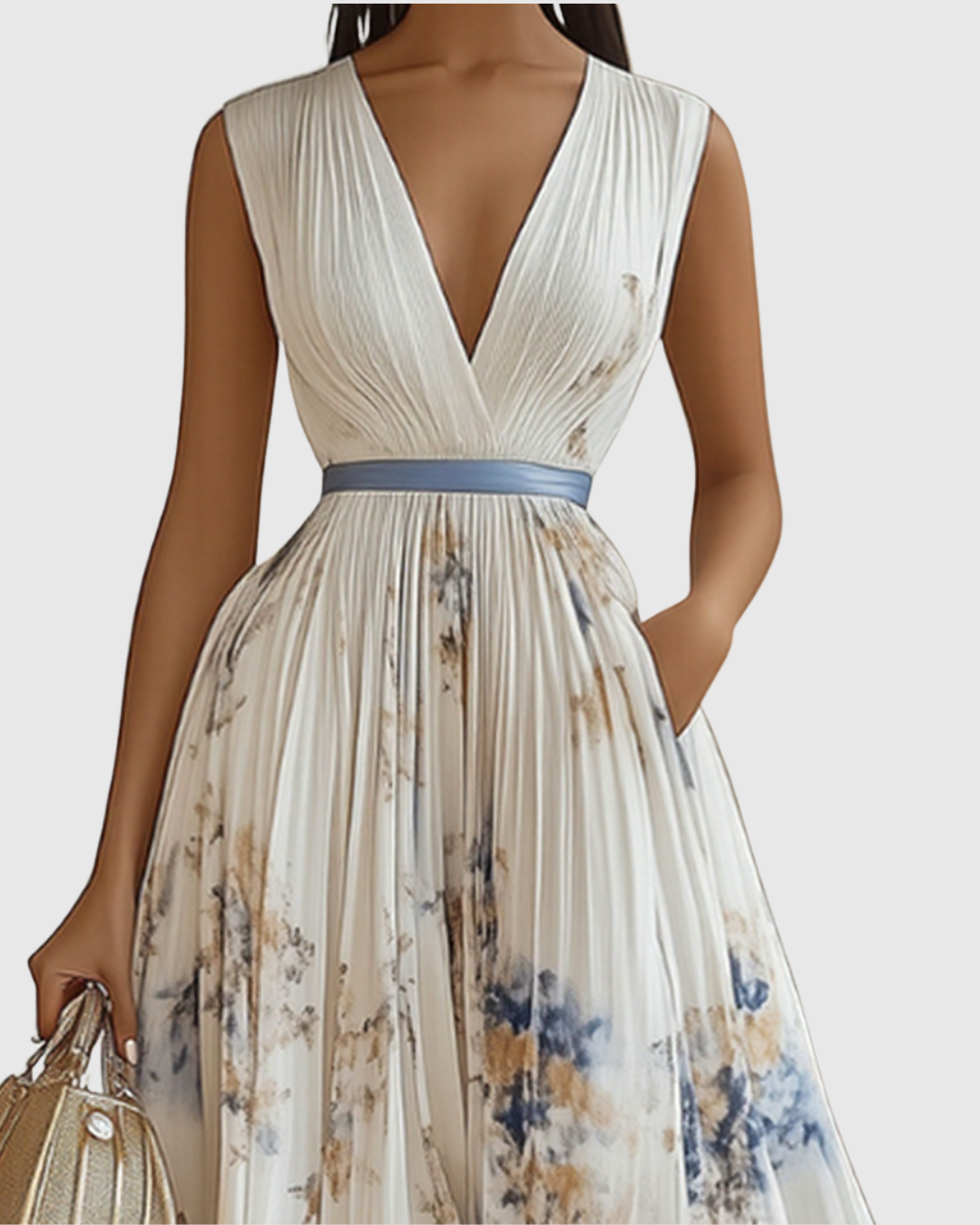 Abito Maxi Plissettato da Donna con Maniche Lunghe – Scollo a V Floreale a Linea A