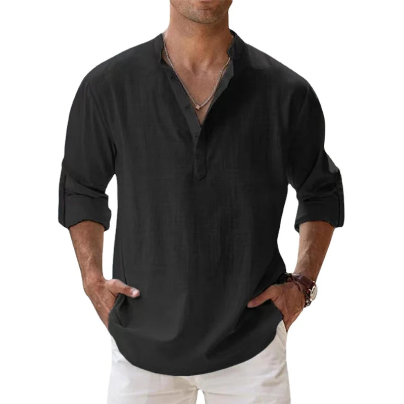 Camicia Henley in Lino da Uomo Vestibilità Comoda Top Estivo con Bottoni