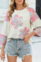 Top a Maniche Lunghe Beige con Patchwork Floreale Retro e Color Block