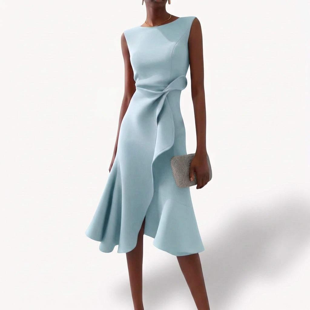 Vestito Midi Drappeggiato con Volant Asimmetrico
