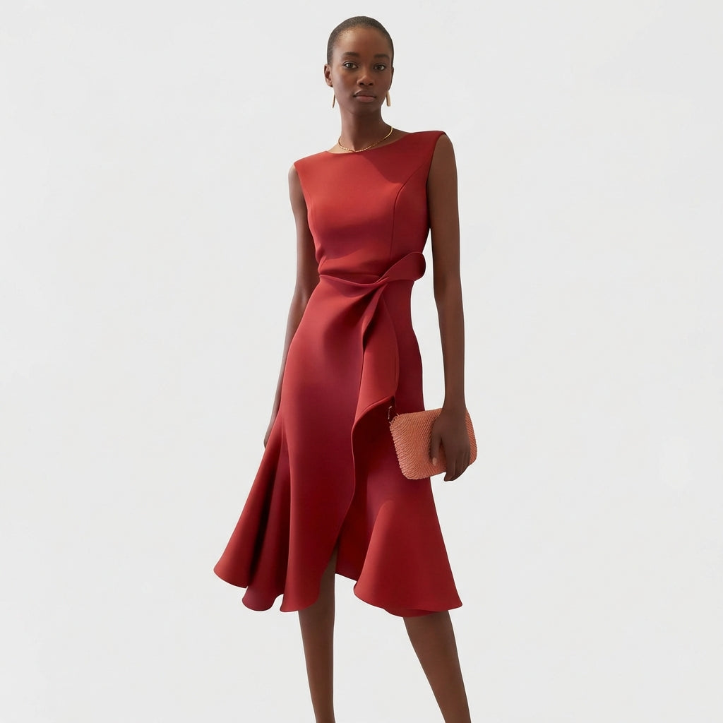 Vestito Midi Drappeggiato con Volant Asimmetrico