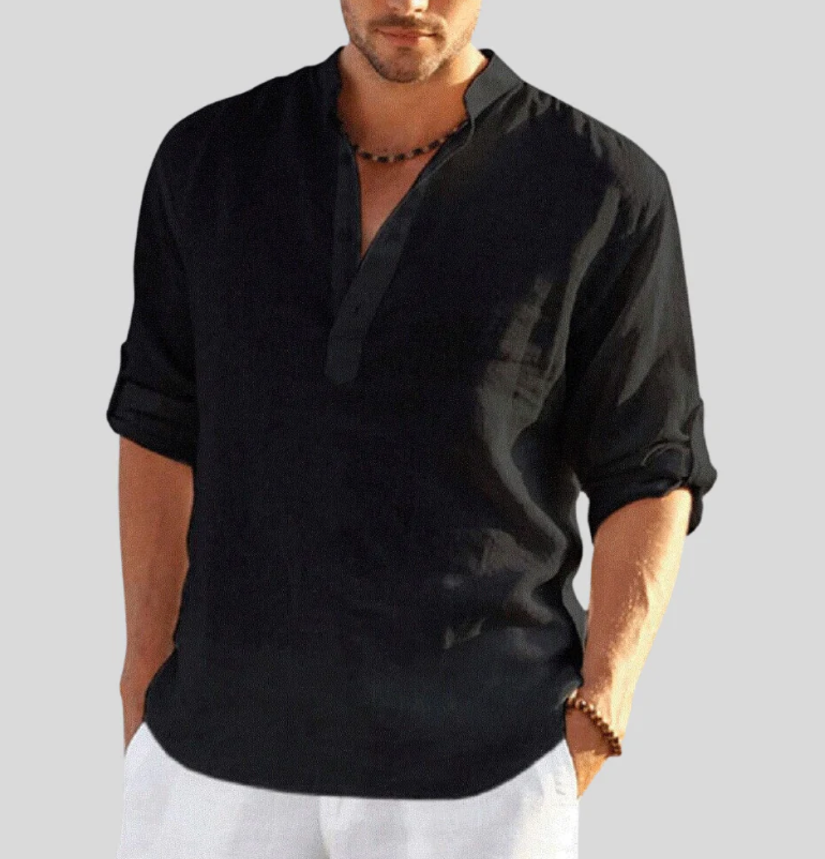 Camicia in Lino da Uomo – Camicia Estiva Traspirante con Mezza Abbottonatura e Maniche Risvoltabili