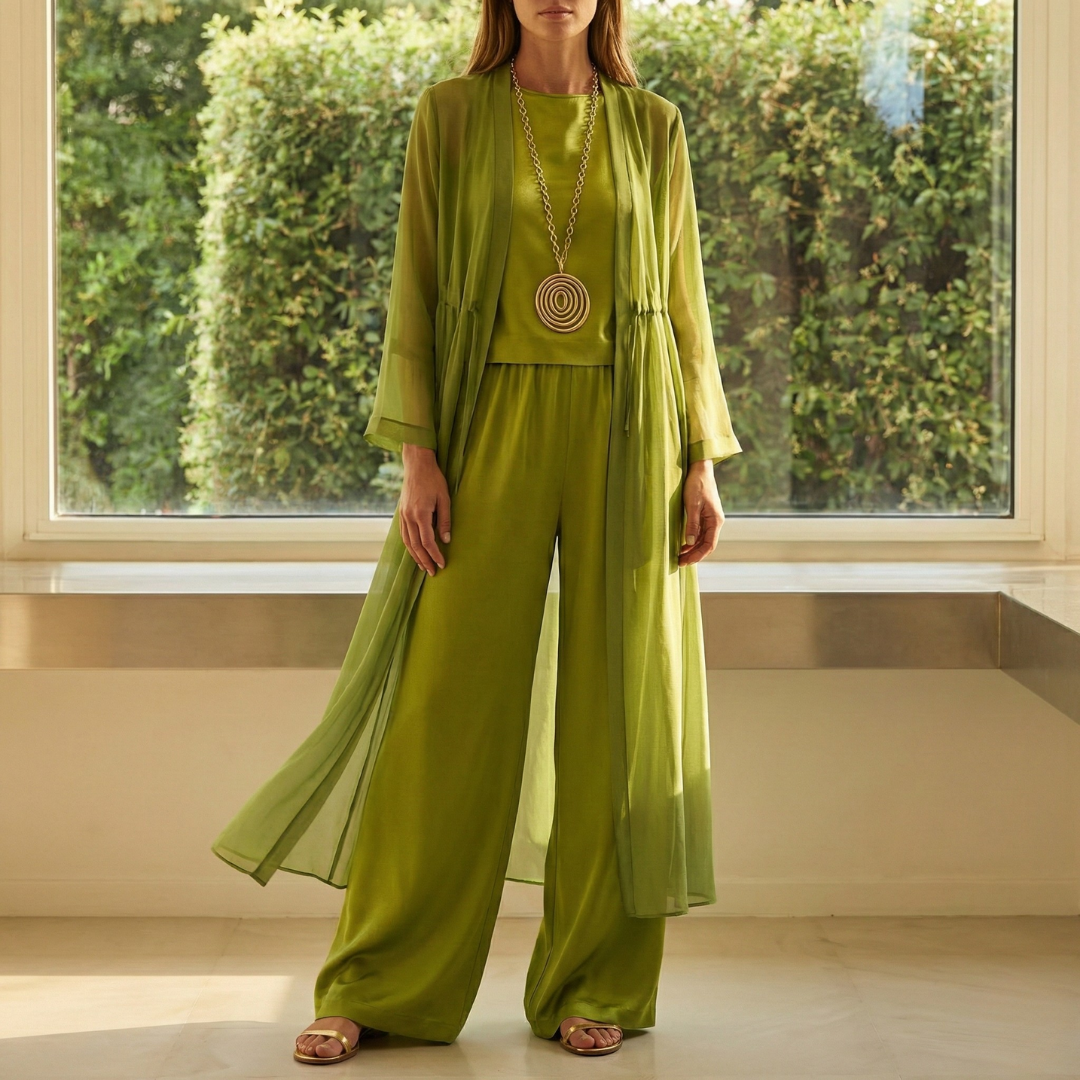 Cayetana | Completo da Tre Pezzi Palazzo Donna Cardigan Lungo Trasparente