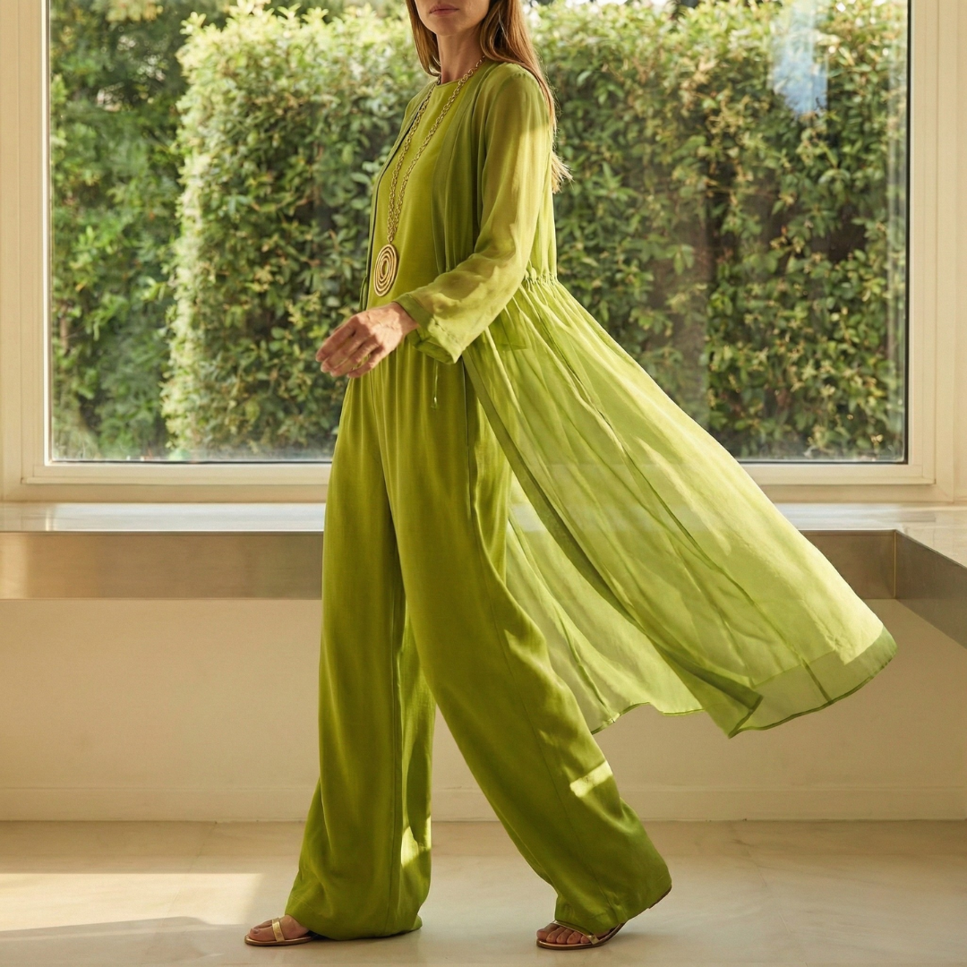 Cayetana | Completo da Tre Pezzi Palazzo Donna Cardigan Lungo Trasparente