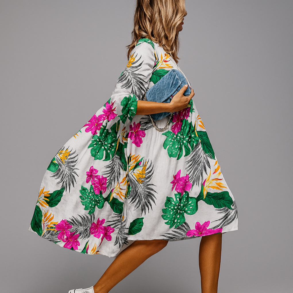 Abito Midi a Camicia Oversize con Stampa Floreale