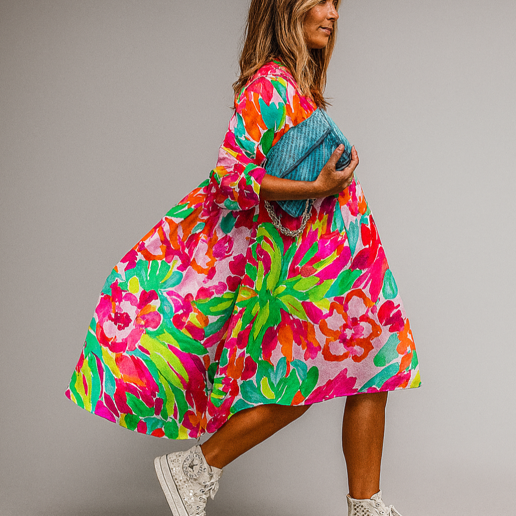 Abito Midi a Camicia Oversize con Stampa Floreale