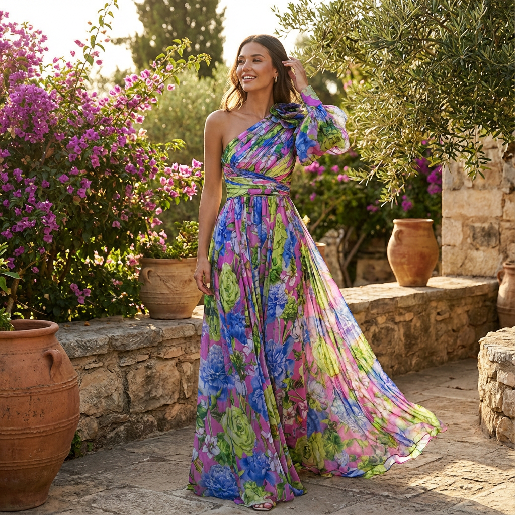 Abito Maxi Floreale Monospalla da Donna