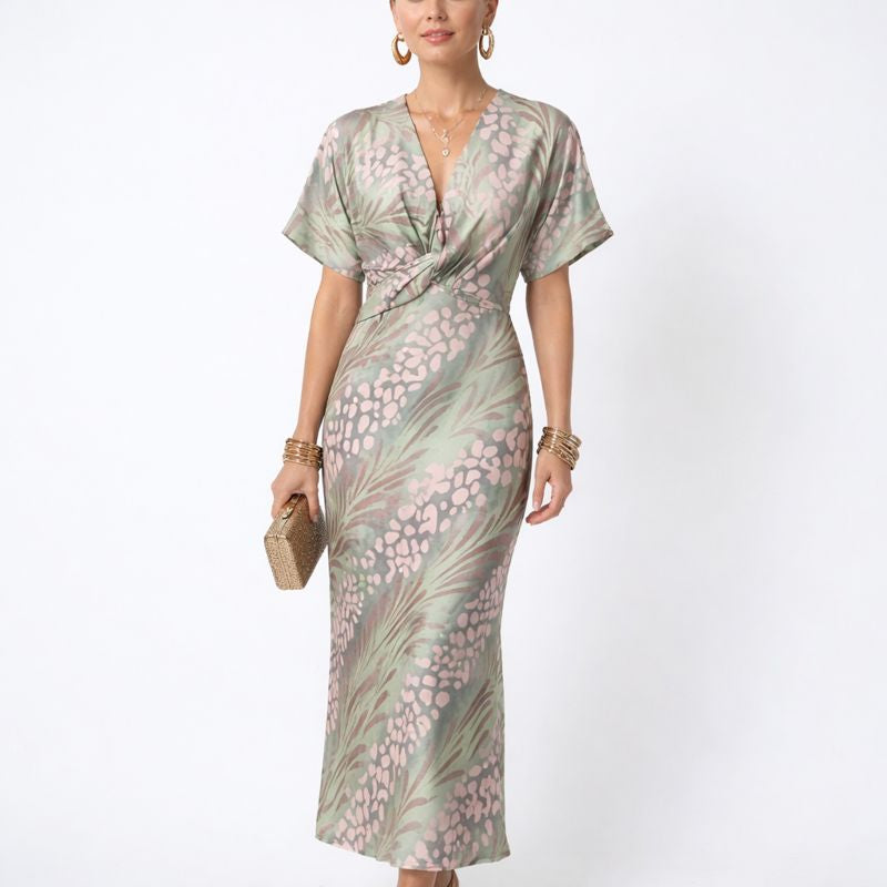 Abito midi verde aderente con scollo a V da donna