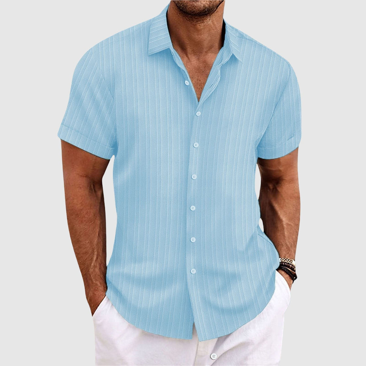 Camicia da uomo a righe a maniche corte con colletto classico