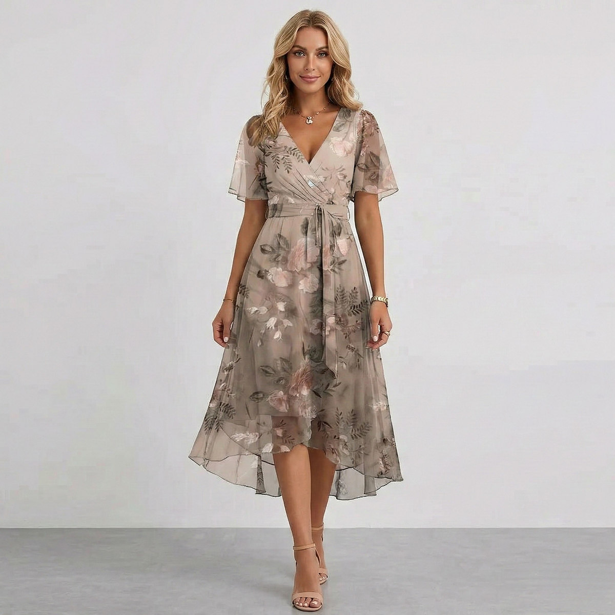 Vestito donna midi floreale scollo a V manica corta abito estivo elegante