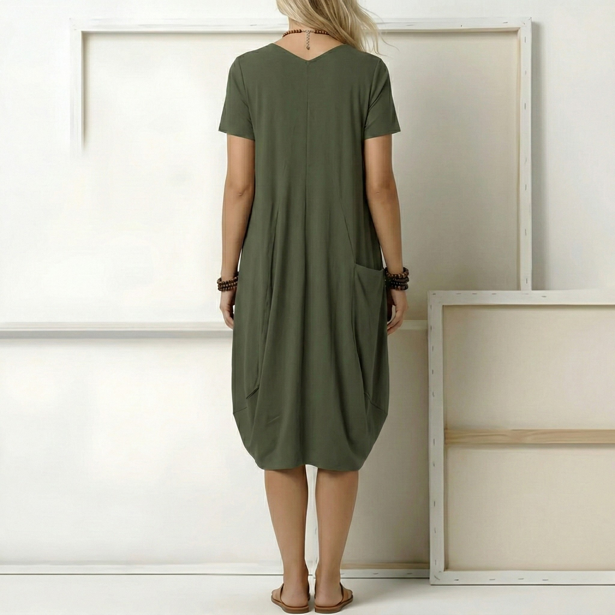 Vestito donna midi manica corta con tasche e scollo a V casual