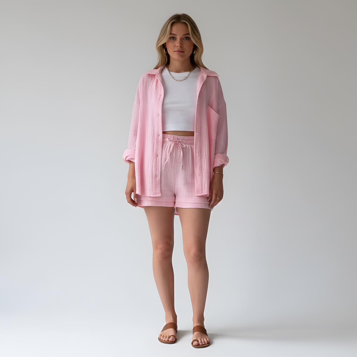 Completo donna camicia e shorts in cotone leggero con vita elasticizzata