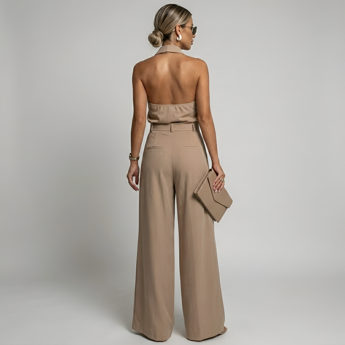 Tuta Elegante Donna con Pantaloni Palazzo e Top Halter Collo Alto