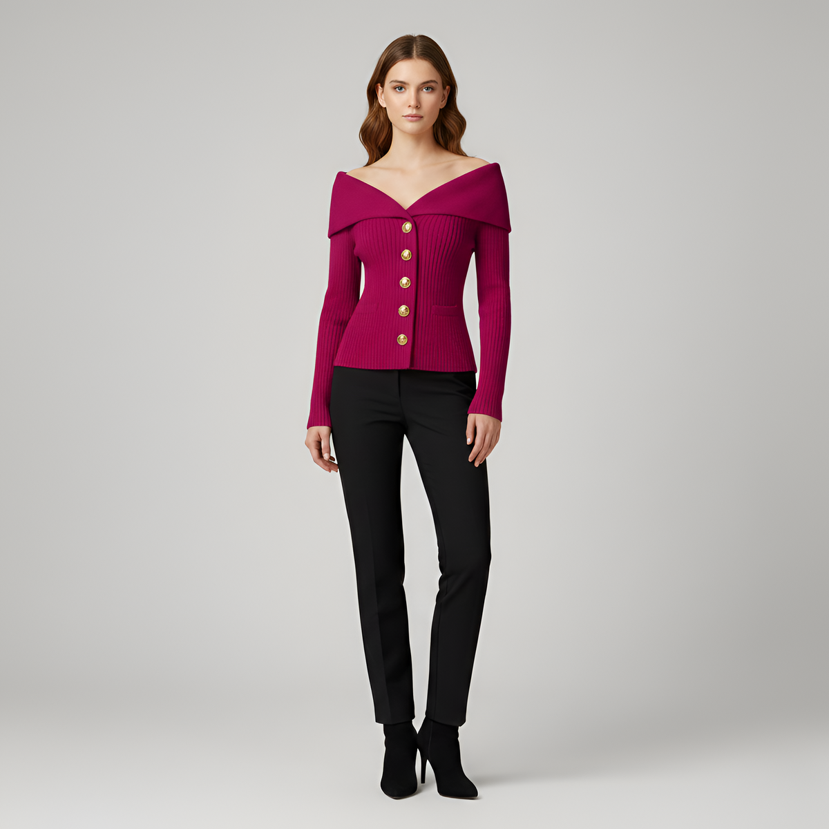 Giacca cardigan donna a coste con bottoni scollo a V fit aderente